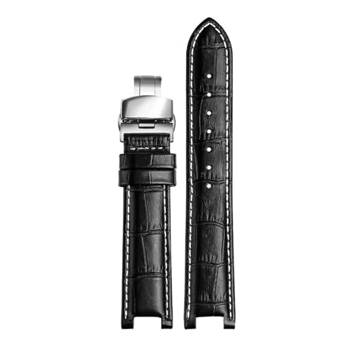 SEQLTWFC Armband aus echtem Rindsleder der oberen Schicht, kompatibel mit GC 22 x 13 mm, 20 x 11 mm, gekerbtes Uhrenarmband, Senior-Armband, Armbanduhren, Bandschraube(Black white silver,22-13mm) von SEQLTWFC