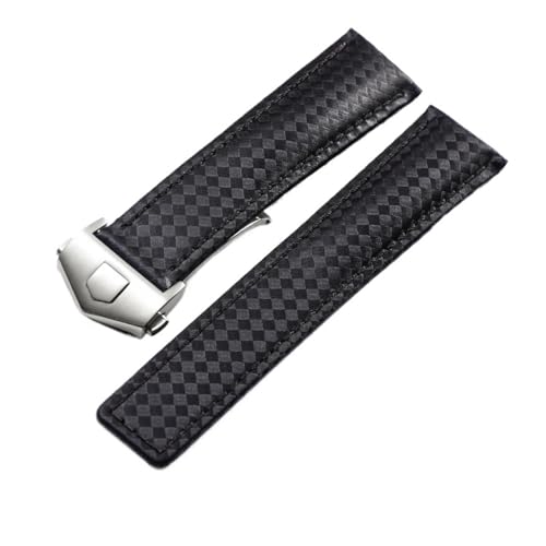 SEQLTWFC Echtes Leder-Uhrenarmband, 19 mm, 20 mm, 22 mm, kompatibel mit Tag Heuer Carrera Monaco F1 Uhrenarmband, rotes Herren-Armband mit Faltschließe(B Black Silver) von SEQLTWFC