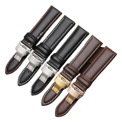 SEQLTWFC Glattes echtes Kalbsleder-Uhrenarmband, 18 mm, 19 mm, 20 mm, 21 mm, 22 mm, 23 weiche Träger, automatische Butterfly-Schnalle, Business-Uhrenarmband(Black w RG pin,16mm) von SEQLTWFC