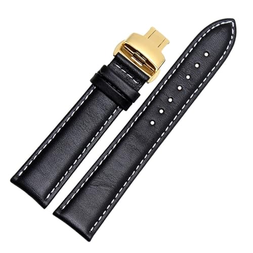 SEQLTWFC Glattes echtes Kalbsleder-Uhrenarmband, 18 mm, 19 mm, 20 mm, 21 mm, 22 mm, 23 weiche Träger, automatische Butterfly-Schnalle, Business-Uhrenarmband(Black w golden Fold,19mm) von SEQLTWFC