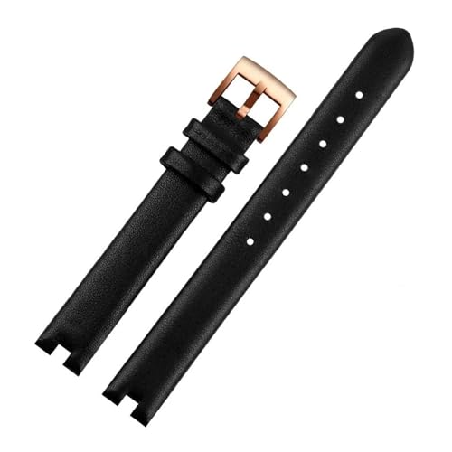 SEQLTWFC Kompatibel mit Gucci Rindsleder-Uhrenarmband mit Kerbe, GC-Kette YA141401 YA141501 Damen-Armband aus weichem Kalbsleder, 12 x 4 mm, 14 x 4 mm, 14 x 5 mm(Black-rose gold,14x5mm) von SEQLTWFC