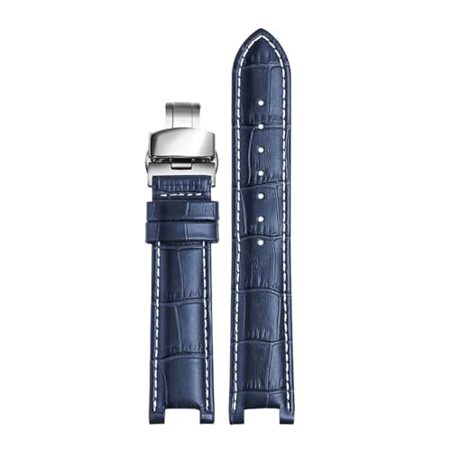 SEQLTWFC Uhrenarmband kompatibel mit GC-Uhrenarmband 22 x 13 mm, 20 x 11 mm, gekerbtes Armband aus echtem Leder, blauer Armbanduhrengürtel(Blue white hook,20-11 gold bcukle) von SEQLTWFC