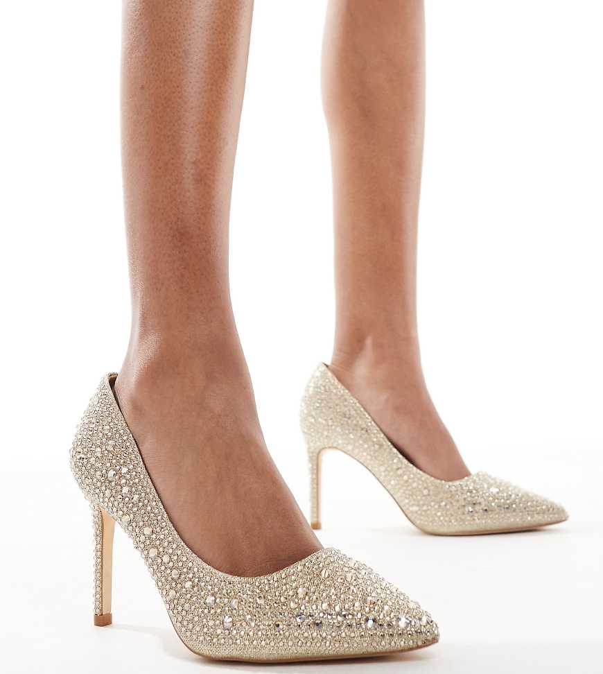SEQWL - Spitze Pumps in Gold mit Strassbesatz, weite Passform-Goldfarben von SEQWL Wide Fit
