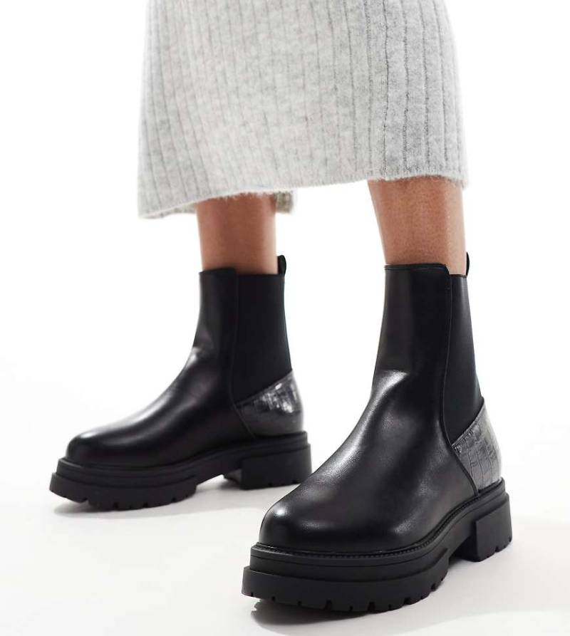 SEQWL Wide Fit - Ankle-Boots in Schwarz mit Detail in Kroko-Optik, weite Passform von SEQWL Wide Fit