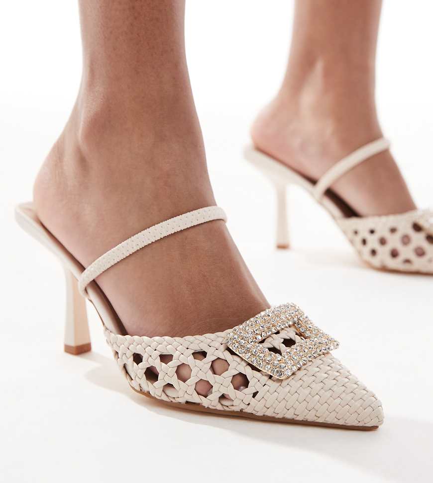 SEQWL Wide Fit - Cremeweiße Schuhe in Bast-Optik mit Kitten-Absatz und Schnalle von SEQWL Wide Fit