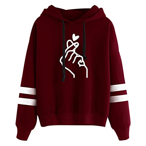 SERAPHY KPOP Hoodie süße Liebesgesten Ausdrücken,Paare Hoodie, Liebe Dich Hip Hop Hooded Sweatshirts, KPOP Langarm Pullover Tops Bluse-Rotwein-M von SERAPHY