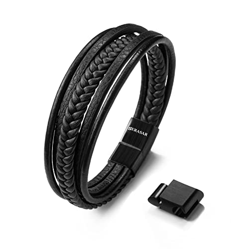 SERASAR Armband Männer Leder Schwarz 17cm - Herren Lederarmband Männerarmband Armreif Lederband Herrenschmuck Armkette Wickelarmband Kette Leather Bracelet Geschenk von SERASAR