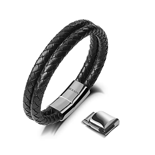 17cm Silber Männer-Armband Leder-Armreif Herren-Lederband Herrenarmreif Armschmuck Leder-Schmuck Herrenschmuck Armkette Flecht-Armband Leder-Wickelarmband Leder-Kette Armbändchen Men Leather Bracelet von SERASAR