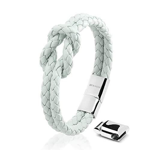 SERASAR Leder Armband Damen Blau 18cm - Hellblau Frauen Echt Schmuck Schachtel Knoten Armkette Freundin Schwester Mädchen Partner Geschenke Pärchen Paar Mama Geschenkidee für Sie von SERASAR