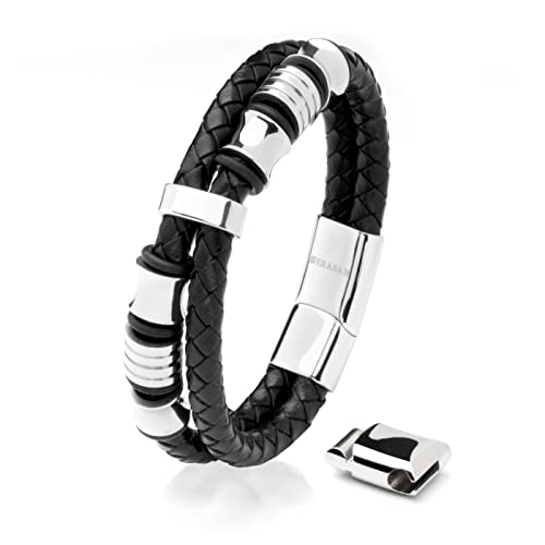 SERASAR Armband Herren Leder Silber 20cm - Lederarmband Herren-Armband Männer-Armband Leder-Armreif Herren-Lederband Herrenarmreif Armschmuck Leder-Schmuck Herrenschmuck Flecht-Armband Geschenk-Idee von SERASAR