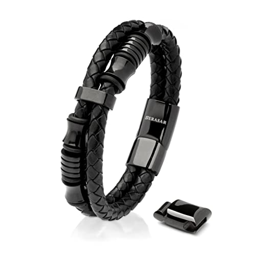 SERASAR Lederarmband Herren Schwarz 23cm - Armband Herren Männer-Armband Leder-Armreif Herren-Lederband Herrenschmuck Armkette Flecht-Armband Leder-Wickelarmband Leder-Kette Men Leather Bracelet Ihn von SERASAR