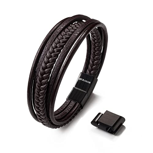 SERASAR Lederarmband Armband Herren Braun 25cm - Herrenarmband Männer-Armband Leder-Armreif Herrenschmuck Flecht-Armband Leder-Wickelarmband Leder-Kette Armbändchen Men Leather Bracelet Geschenk Ihn von SERASAR