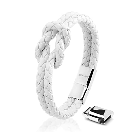 SERASAR Armband Damen Weiß 16cm - Leder Frauen Echt Geschenk Schachtel Knoten Schmuck Armbänder Armkette Freundin Schwester Mädchen Partner Geschenke Pärchen Paar Mama von SERASAR