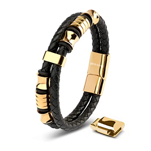 SERASAR 23cm Gold Männer-Armband Leder-Armreif Herren-Lederband Herrenarmreif Armschmuck Leder Herren-Schmuck Armkette Flecht-Armband Leder-Wickelarmband Leder-Kette Armbändchen Men Leather Bracelet von SERASAR