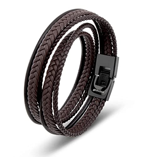 SERASAR 46cm Braun Männer-Armband Leder-Armreif Herren-Lederband Herrenarmreif Armschmuck Leder-Schmuck Herrenschmuck Flecht-Armband Leder-Wickelarmband Leder-Kette Armbändchen Men Leather Bracelet von SERASAR