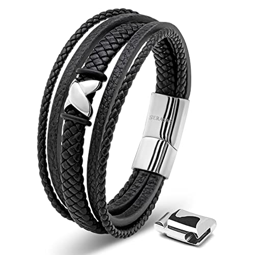 SERASAR Armbänder Herren Silber 23cm Männer-Armband Leder-Armreif Herren-Lederband Herrenarmreif Armschmuck Leder-Schmuck Herren-Schmuck Flecht-Armband Leder-Wickelarmband Leder-Kette Leather Bracelet von SERASAR