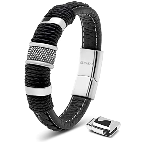 SERASAR Armbänder Herren Silber 23cm Männer-Armband Leder-Armreif Herren-Lederband Herrenarmreif Armschmuck Leder-Schmuck Herren-Schmuck Flecht-Armband Leder-Wickelarmband Leder-Kette Leather Bracelet von SERASAR