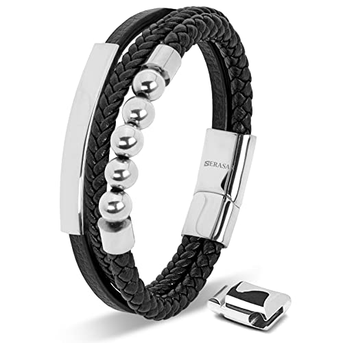 SERASAR Armbänder Herren Silber 23cm Männer-Armband Leder-Armreif Herren-Lederband Herrenarmreif Armschmuck Leder-Schmuck Herren-Schmuck Flecht-Armband Leder-Wickelarmband Leder-Kette Leather Bracelet von SERASAR