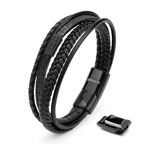 SERASAR Armbänder für Herren Leder Schwarz 23cm - Armband Männer Armreif Lederband Herrenschmuck Armkette Flecht Wickelarmband Kette Leather Bracelet von SERASAR