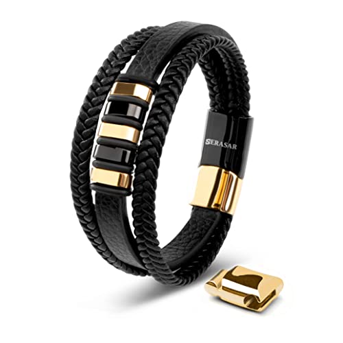 SERASAR Armband Herren 20cm Schwarz Gold Männer-Armband Leder-Armreif Herrenarmreif Armschmuck Leder-Schmuck Herren-Schmuck Armkette Flecht-Armband Leder-Wickelarmband Armbändchen Men Leather Bracelet von SERASAR