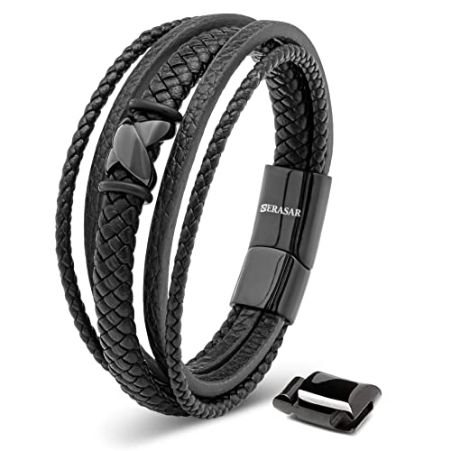 SERASAR Armband Herren 20cm Schwarz Männer Leder Armreif Lederband Herrenarmreif Armschmuck Schmuck Herrenschmuck Armkette Flecht Wickelarmband Kette Leather von SERASAR