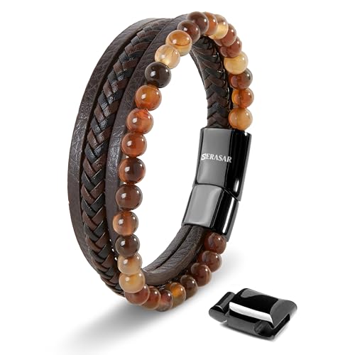 SERASAR Armband Herren Leder Braun Lederarmband Männer Armreif Herrenarmband Natürlicher Achat Flecht Energie Kette Armbändchen Men Leather Bracelet für Ihn von SERASAR