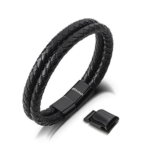 SERASAR Armband Herren Leder Schwarz 20cm - Herren-Armband Männer-Armband Leder-Armreif Herren-Lederband Herrenarmreif Armschmuck Leder-Schmuck Herrenschmuck Flecht-Armband Geschenk-Idee für Ihn von SERASAR