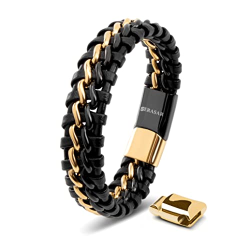 SERASAR Armband Jungen 17cm Schwarz Gold Männer Leder Armreif Herrenarmreif Armschmuck Schmuck Herrenschmuck Armkette Flecht Wickelarmband Armbändchen Men Leather Bracelet von SERASAR
