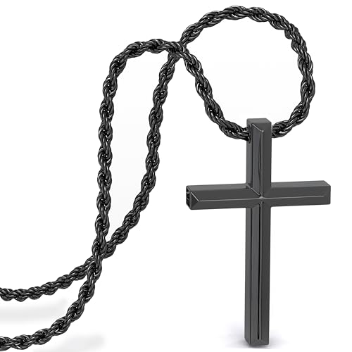 SERASAR Edelstahl Halskette Herren mit Anhänger - 50cm schwarz Kordelkette Geschenk für Gothic Kette Emo Schmuck Box Kommunion Junge Silver Chain Men von SERASAR