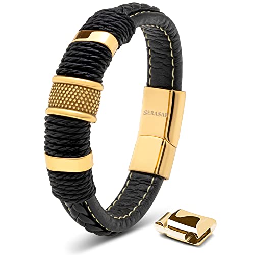 SERASAR Herren Accessoires 17cm Gold Armband Leder Armreif Lederband Herrenarmreif Armschmuck Schmuck Herrenschmuck Armkette Flecht Wickelarmband Kette Bracelet von SERASAR