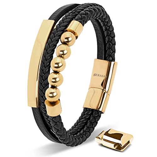 SERASAR Herren Accessoires 17cm Gold Herren-Armband Leder-Armreif Herren-Lederband Herrenarmreif Armschmuck Leder-Schmuck Herrenschmuck Armkette Flecht-Armband Leder-Wickelarmband Leder-Kette Bracelet von SERASAR