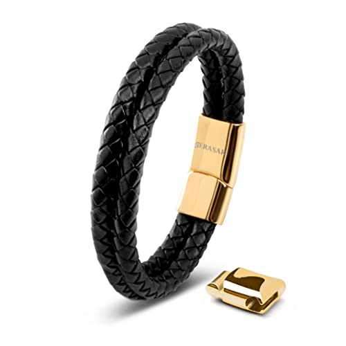 SERASAR Herren Armband 20cm Gold Männer-Armband Leder-Armreif Herren-Lederband Herrenarmreif Armschmuck Leder-Schmuck Herren-Schmuck Flecht-Armband Leder-Wickelarmband Leder-Kette Armbändchen Leather von SERASAR