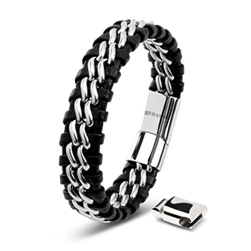 SERASAR Herren Armband 20cm Silber Männer- -Armreif -Lederband Herrenarmreif Armschmuck -Schmuck Herrenschmuck Armkette Flecht Leder-Wickelarmband Armbändchen Bracelet von SERASAR