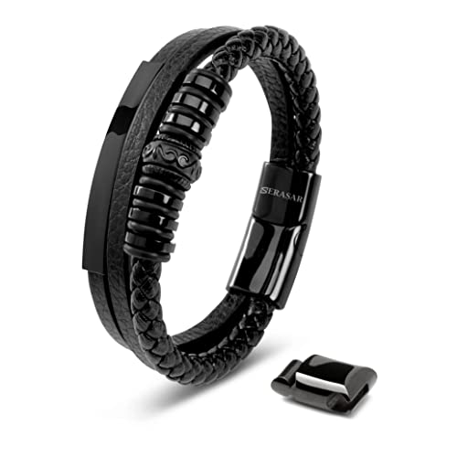 SERASAR Herrenarmband Leder 23cm Schwarz Männer-Armband Leder-Armreif Herren-Lederband Herrenarmreif Armschmuck Leder-Schmuck Herren-Schmuck Armkette Flecht-Armband Leder-Wickelarmband Leder-Kette von SERASAR