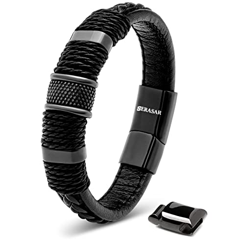 SERASAR Herrenarmband Leder 23cm Schwarz Männer-Armband Leder-Armreif Herren-Lederband Herrenarmreif Armschmuck Leder-Schmuck Herren-Schmuck Armkette Flecht-Armband Leder-Wickelarmband Leder-Kette von SERASAR