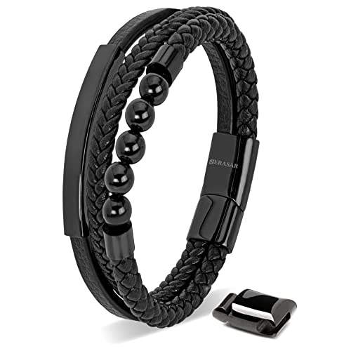 SERASAR Herrenarmband Leder 23cm Schwarz Männer-Armband Leder-Armreif Herren-Lederband Herrenarmreif Armschmuck Leder-Schmuck Herren-Schmuck Armkette Flecht-Armband Leder-Wickelarmband Leder-Kette von SERASAR