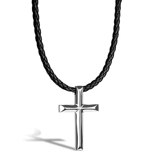 SERASAR Kreuzkette Lederkette Herren Lederkette mit Kreuz Anhänger - 50cm Silber - Lederkordelkette mit Schmuckschatulle für Herren - Echtleder - Lederkette Herren Schmuckband von SERASAR