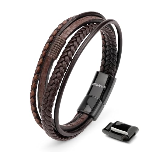 SERASAR Lederarmband Armband Herren Braun 23cm - Herrenarmband Männer Leder Armreif Herrenschmuck Flecht Wickelarmband Kette Armbändchen Men Leather Bracelet Geschenk Ihn von SERASAR