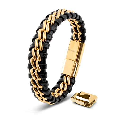 SERASAR Lederarmband Herren 20cm Gold Männer-Armband Leder-Armreif Herren-Lederband Herrenarmreif Armschmuck Leder-Schmuck Herrenschmuck Flecht-Armband Leder-Wickelarmband Leder-Kette Leather Bracelet von SERASAR