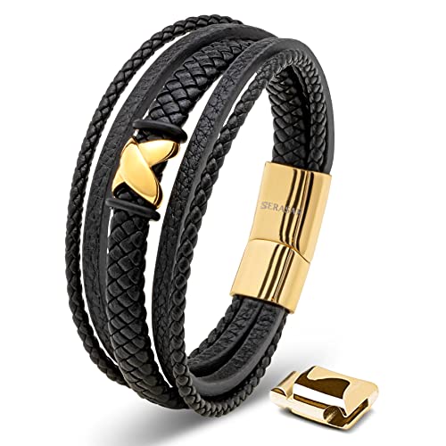 SERASAR Lederarmband Herren 23cm Gold Männer Armband Leder Armreif Lederband Herrenarmreif Armschmuck Schmuck Herrenschmuck Flecht Wickelarmband Kette Leather Bracelet von SERASAR