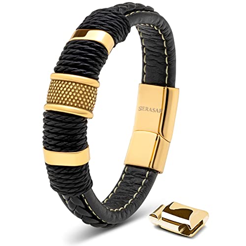 SERASAR Lederarmband Herren 23cm Gold Männer-Armband Leder-Armreif Herren-Lederband Herrenarmreif Armschmuck Leder-Schmuck Herrenschmuck Flecht-Armband Leder-Wickelarmband Leder-Kette Leather Bracelet von SERASAR