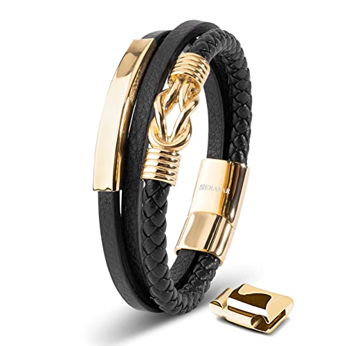 SERASAR Lederarmband Herren 23cm Gold Männer-Armband Leder-Armreif Herren-Lederband Herrenarmreif Armschmuck Leder-Schmuck Herrenschmuck Flecht-Armband Leder-Wickelarmband Leder-Kette Leather Bracelet von SERASAR