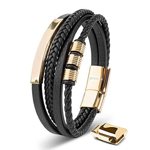 SERASAR Lederarmband Herren 23cm Gold Männer-Armband Leder-Armreif Herren-Lederband Herrenarmreif Armschmuck Leder-Schmuck Herrenschmuck Flecht-Armband Leder-Wickelarmband Leder-Kette Leather Bracelet von SERASAR