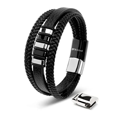 SERASAR Lederarmband für Männer 17cm Schwarz Silber Herren-Armband Leder-Armreif Herren-Lederband Herrenarmreif Armschmuck Leder-Schmuck Herren-Schmuck Armkette Flecht-Armband Leder-Wickelarmband von SERASAR