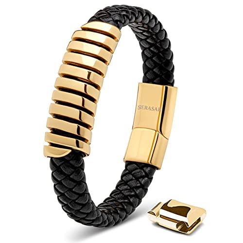 SERASAR Lederarmband für Männer 20cm Gold Herren-Armband Leder-Armreif Herren-Lederband Herrenarmreif Armschmuck Leder-Schmuck Herrenschmuck Armkette Flecht-Armband Leder-Wickelarmband Leder-Kette von SERASAR