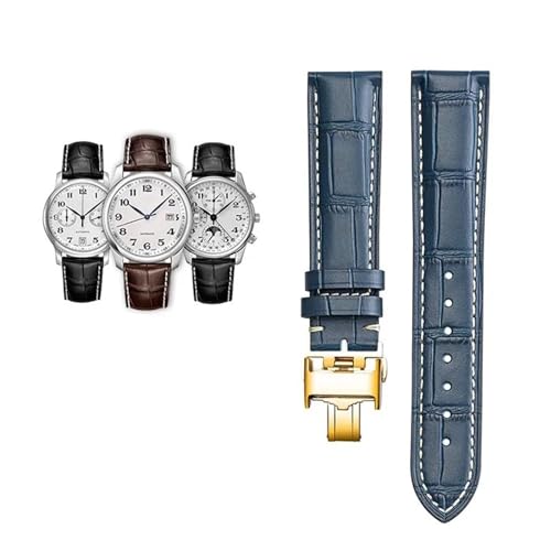 SERDAS 18 19 20 21 22 mm echtes Kalbsleder-Armband für Master L2 L3 L4 L2.628 L2.673 Rindsleder-Uhrenarmband(Blue white-gold,21mm) von SERDAS