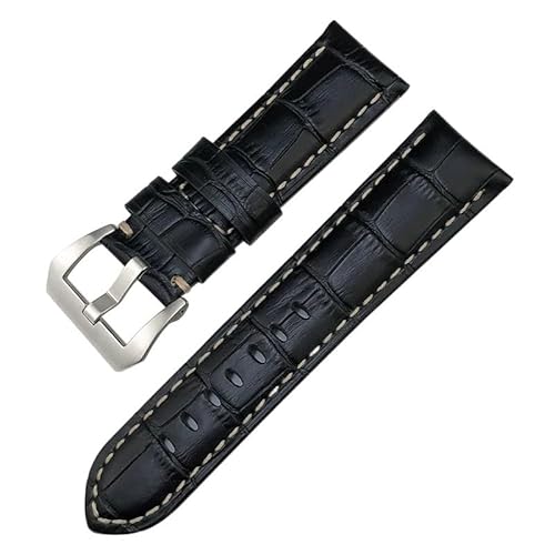 SERDAS 24 mm Rindsleder-Echtleder-Uhrenarmband für Panerai LUMINOR 1950 PAM013012, bunte Uhrenarmbänder mit Krokodilstruktur(Black white silver) von SERDAS