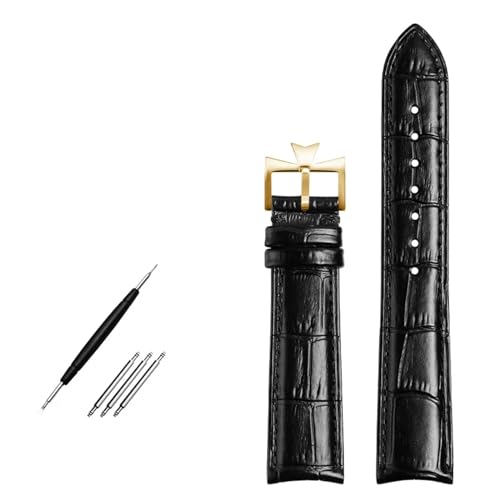 SERDAS Armband aus echtem Leder mit gebogenem Ende. Blaues Rindsleder-Uhrenarmband für VC-Uhrenarmband 19 mm, 20 m, 21 mm, 22 mm(Black gold buckle,21mm) von SERDAS