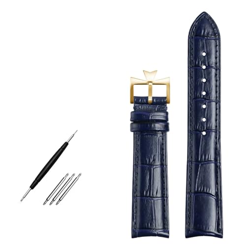 SERDAS Armband aus echtem Leder mit gebogenem Ende. Blaues Rindsleder-Uhrenarmband für VC-Uhrenarmband 19 mm, 20 m, 21 mm, 22 mm(Blue gold buckle,18mm) von SERDAS