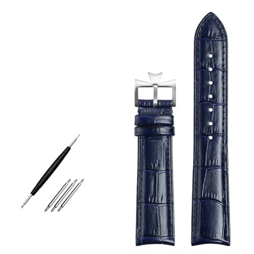 SERDAS Armband aus echtem Leder mit gebogenem Ende. Blaues Rindsleder-Uhrenarmband für VC-Uhrenarmband 19 mm, 20 m, 21 mm, 22 mm(Blue silver buckle,20mm) von SERDAS